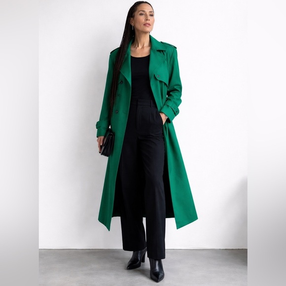 Vintage Jackets & Blazers - 80s Vintage Emerald Spring Green Dopamine Trench Coat Maxi Lenght Size Large